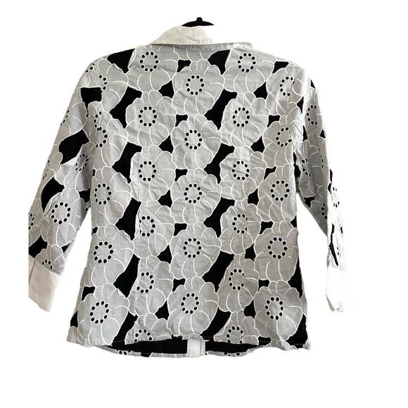 SAMUEL DONG White Black Floral Eyelet Lace 3/4 Sleeve Shirt Blouse Button Up - M - Picture 5 of 5